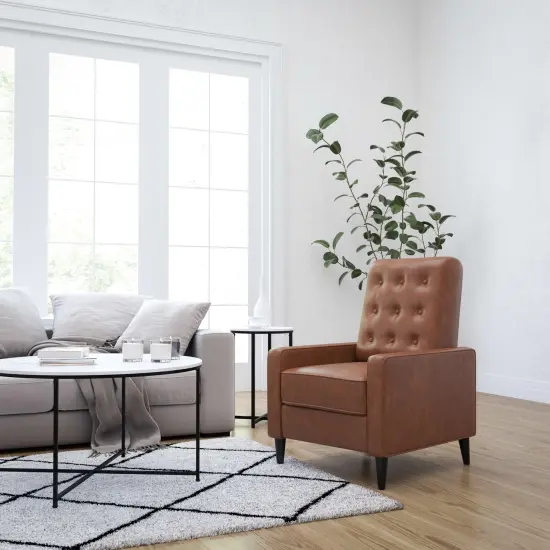 Merrick Lane Darcy Recliner Chair Mid-Century Modern Faux Leather Tufted Upholstery Ergonomic Push Back Living Room Recliner Cognac Brown {1}