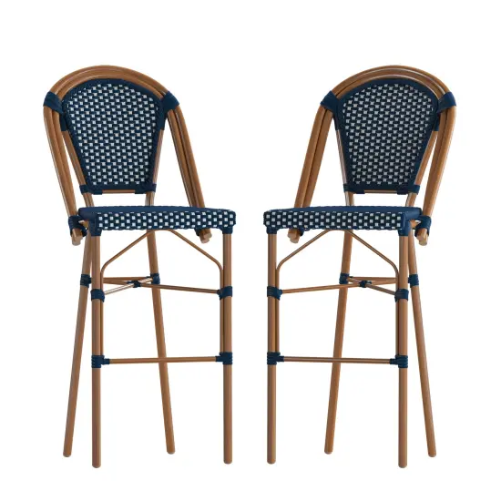 Merrick Lane Sacha Set of Two Stacking Bistro Bar Stools with PE Seats and Backs and Metal Frames for Indoor/Outdoor Use Navy&White/Natural {2}