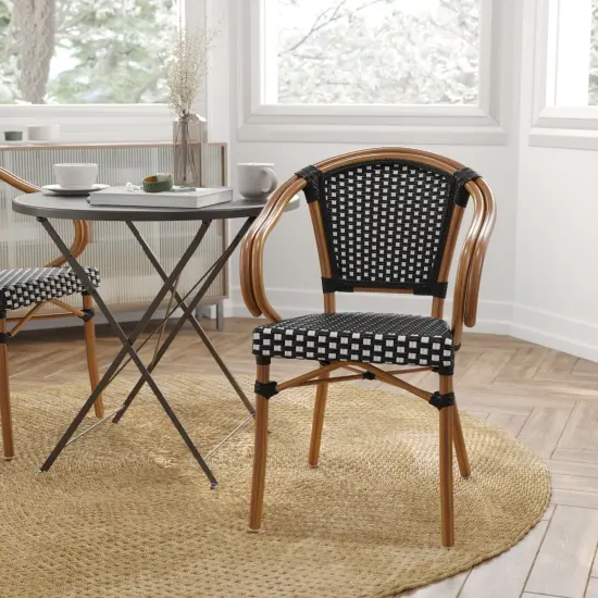 Merrick Lane Sacha Stacking Thonet Bistro Style Chair with Arms, PE Rattan Seat, and Bamboo Finished Metal Frame for Indoor/Outdoor Use Black&White/Natural {1}
