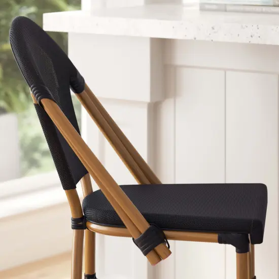 Merrick Lane Mael Set of Two Stacking Bistro Style Bar Stools with Textilene Backs and Seats and Metal Frames for Indoor/Outdoor Use Black/Natural Frame {3}