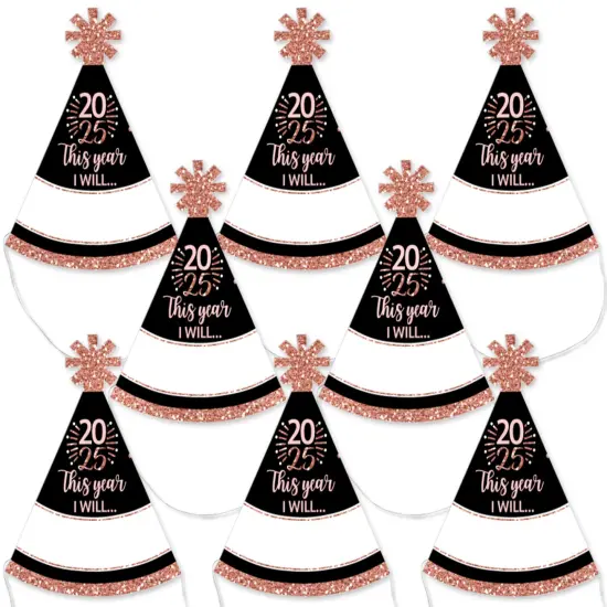 Big Dot of Happiness Rose Gold Happy New Year - Mini Cone 2025 New Year's Eve Resolution Party Hats - Small Little Party Hats - Set of 8 {1}