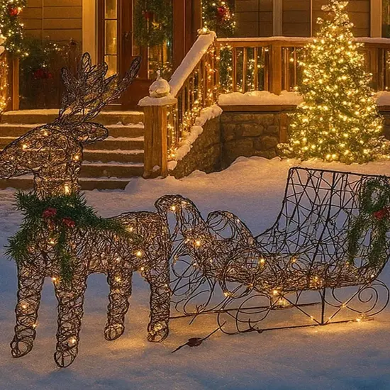 Christmas Reindeer and Sleigh LED Display Brown with Sparkling Warm White Lights 19.69 x 7.28 x 16.14 inch {2}