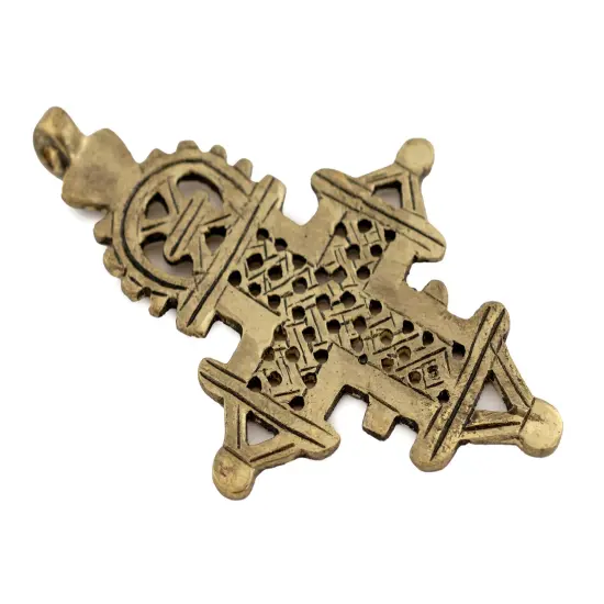 The Bead Chest Ethiopian Coptic Cross Pendant Large 95mm African Brass Brass Large Hole Handmade {3}