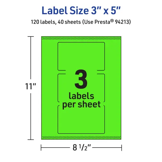 Avery Neon Green Paper Labels, 3" x 5" Rectangle {5}