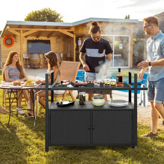 Costway Outdoor Bar Cart with Tempered Glass Top Storage Cabinet & 8 Hooks for Porch {4}