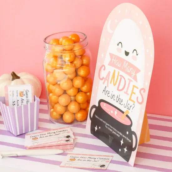 Big Dot of Happiness Pastel Halloween - How Many Candies Pink Pumpkin Party Game - 1 Stand and 40 Cards - Candy Guessing Game {4}