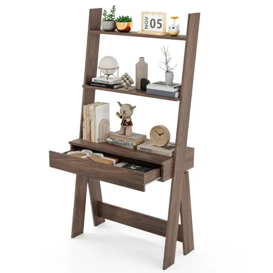 Costway Home Office Ladder Desk Wall-Leaning Laptop Workstation with Storage Shelves Natural/White/Walnut {9}