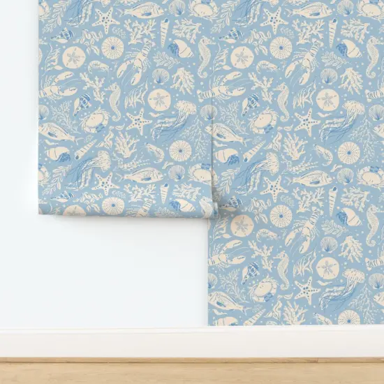 Pre-Pasted Wallpaper 2FT Wide Baby Blue Beach Nautical Crab Sea Life Lobster Creature Seashell Crustacean Custom Pre-pasted Wallpaper by Spoonflower 17009246 {2}