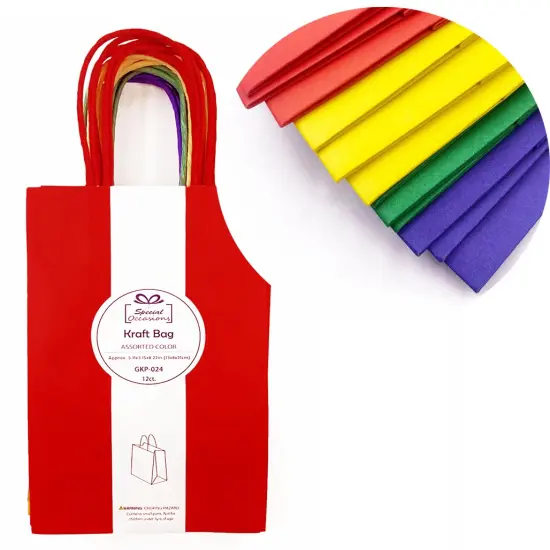 Angels Special Occasions 12 Pack Kraft Bag 8" x 5" - Blue, Yellow, Green & Red Assorted Colors {1}