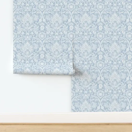 Pre-Pasted Wallpaper 2FT Wide Blue Coastal Damask Seashells Beach Ocean Traditional Serene Botanical Custom Pre-pasted Wallpaper by Spoonflower {2}