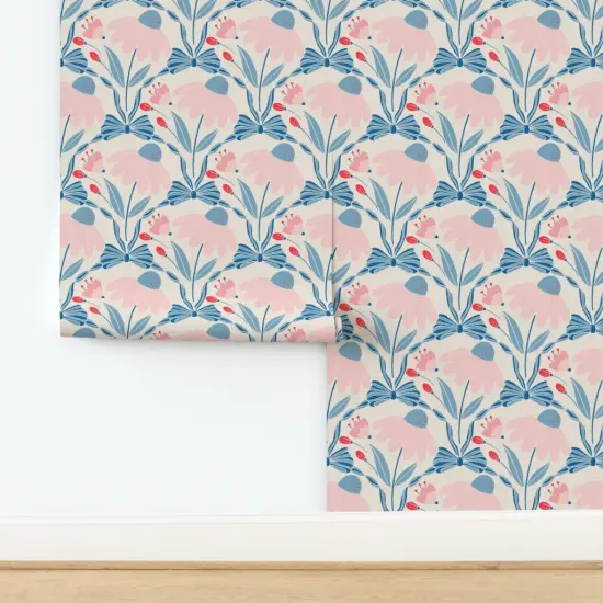 Peel & Stick Wallpaper 2FT Wide Preppy Coastal Blue Pink Botanical Floral Ribbons Bows Custom Removable Wallpaper by Spoonflower {2}