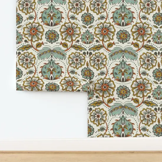 Pre-Pasted Wallpaper 2FT Wide Botanical Damask Ivory Mint Mustard Gold Ornate Bohemian Boho Refined Floral Moroccan Hand Drawn Custom Pre-pasted Wallpaper by Spoonflower {2}