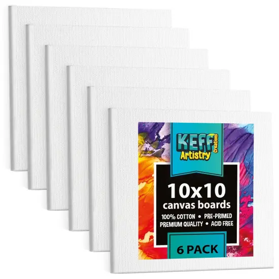 KEFF Canvas Boards for Painting - 10x10 6-Pack Bulk Canvas Panels, 100% Cotton Triple Primed Large Canvases for Art Painting Supplies, Acrylic, Oil, Watercolor & Tempera {1}
