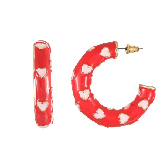 City By City Red & Pink Enamel Heart Hoop Earrings {1}