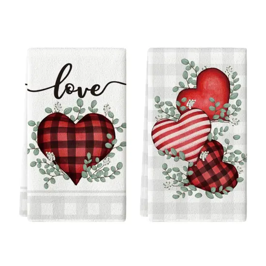 Artoid Mode Red Buffalo Plaid Heart Love Valentine's Day Kitchen Towels Dish Towels, 18x26 Inch Anniversary Wedding Decoration Hand Towels Set of 2 {1}