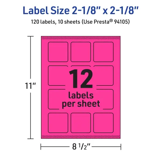 Avery Neon Magenta Paper Labels, 2-1/8" x 2-1/8" Square {5}