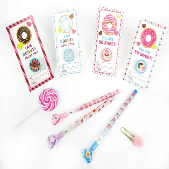 Tiny Mills 36 PACK Donuts Cards with Donuts Stampers for Valentine's Day Classroom Exchange Birthday Party Favor Prizes Valentine's Day {5}
