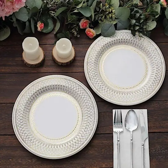 25 White 10 in Round Disposable Paper PLATES Gold Porcelain Design Party Events {2}