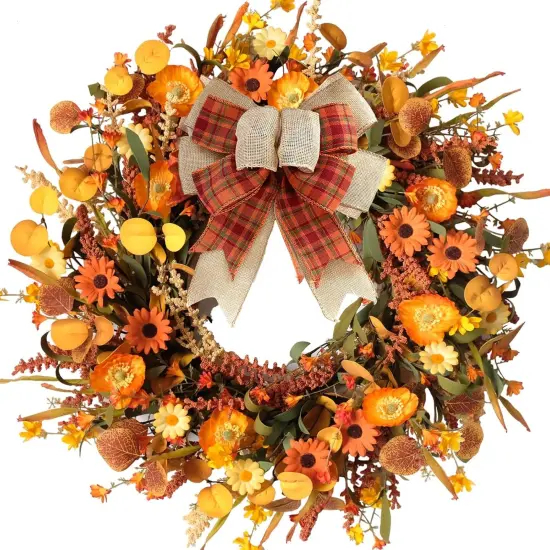 22 Inch Artificial Fall Autumn Daisy Wreath with Bowknot {1}