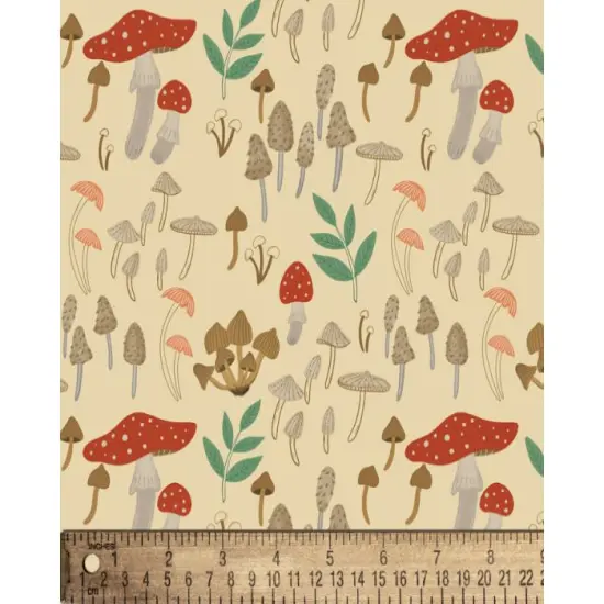 Mushroom Garden Illustration Cotton Fabric | By the Yard | Sewing and Crafting | 44 inches wide {1}