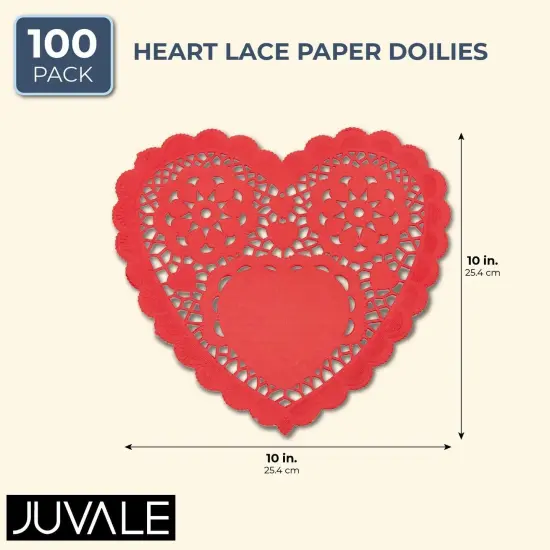 Juvale 100 Pack Red Paper Doilies, Heart Shaped Placemats for Crafts and Parties, Valentine’s Day Decorations, 10 x 9 Inch Cutout Paper Lace Heart Doilies {2}