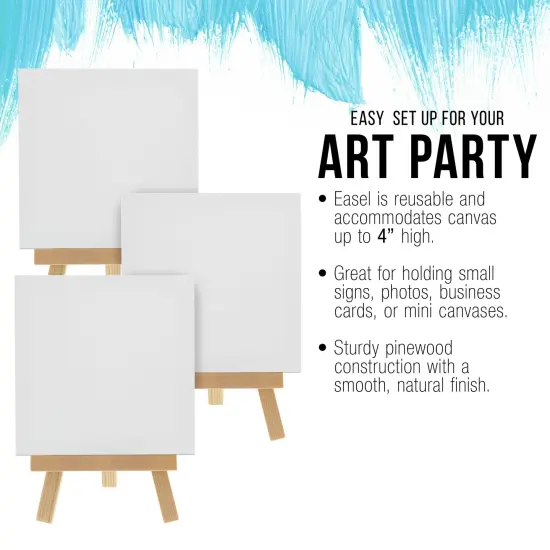 3" x 3" Stretched Canvas with 5" Mini Easel Kit (12 Pack) - Natural Wooden A-Frame Tabletop Display Stand, Mini Easel Stand - Small Easels for Display, Small Canvases, Crafts, Photos {5}