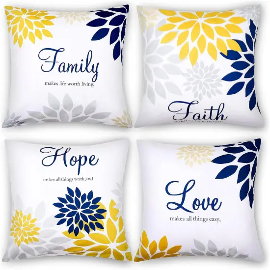 4 Pcs Yellow Flower Navy Pillow Covers Square Pillow Cushion Cases 18x18 Inch, Family Faith Hope Love Words Decorative Spring Summer Cushion Case for Sofa Bed(Yellow Series) {1}