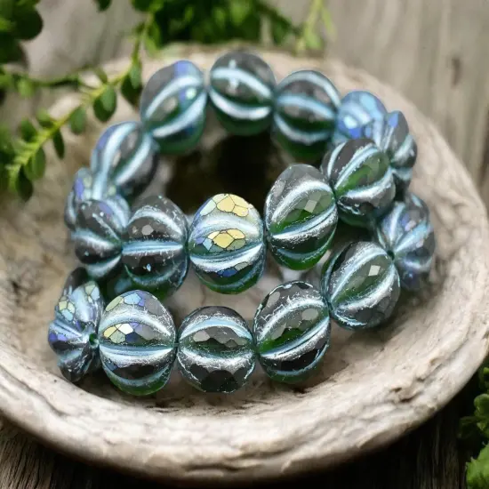 *12* 10mm Turquoise Washed Matte Emerald AB Faceted Round Melon Beads {1}