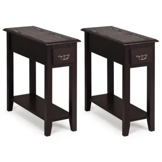 Rubber Wood End Table Set with Drawer, Open Shelf and Spacious Tabletop for Living Room or Bedroom White {5}