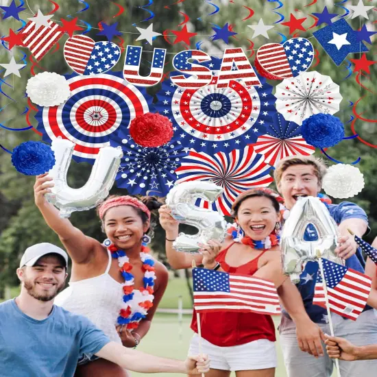 4th of July Decorations Outdoor Red White Blue Paper Fans Hanging Swirls Pompoms {3}