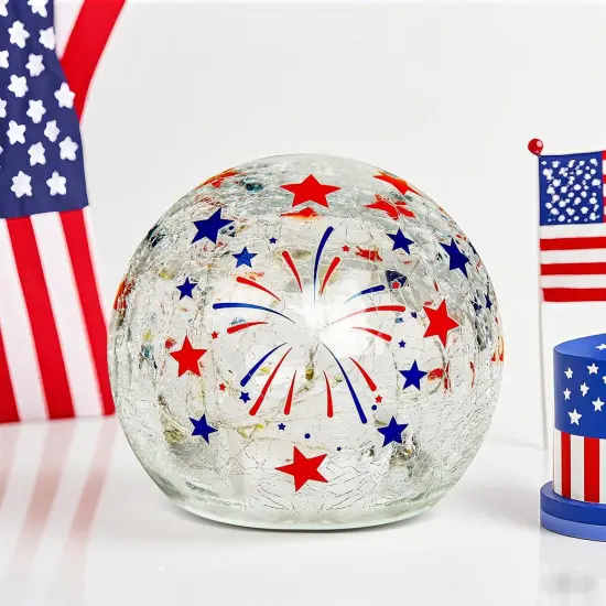 4th of July Decorations - Crackle Glass Ball Light with Timer - Red White Blue LED Tabletop Decor {2}
