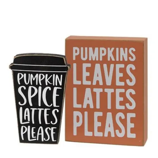 2/Set Pumpkin Spice Fall Sign and Coffee Cup Block Shelf Decor Set {1}