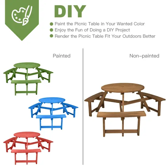 Costway 6-person Round Wooden Picnic Table Outdoor Table w/ Umbrella Hole & Benches {6}