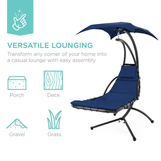 Best Choice Products Hanging Curved Chaise Lounge Chair Swing for Backyard, Patio w/ Pillow, Shade, Stand Navy Blue {5}