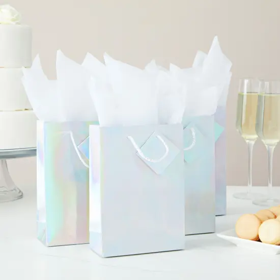 20-Pack Small Metallic Gift Bags with Handles, 5.5x2.5x7.9-Inch Paper Bags with Foil Coating, White Tissue Paper Sheets, and Tags for Small Business (Holographic) Silver {2}