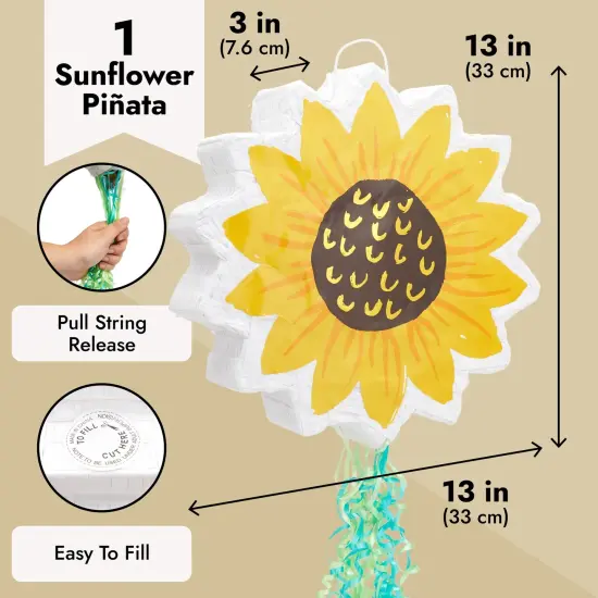 Pull String Sunflower Pinata for Sunshine Baby Shower, Floral Birthday Party Decorations (Small, 13x13x3 In) Yellow {3}