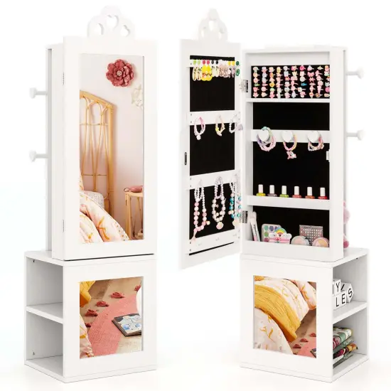 Costway Kids Jewelry Cabinet Standing Children Jewelry Organizer with Full-Length Mirror White/Pink {7}