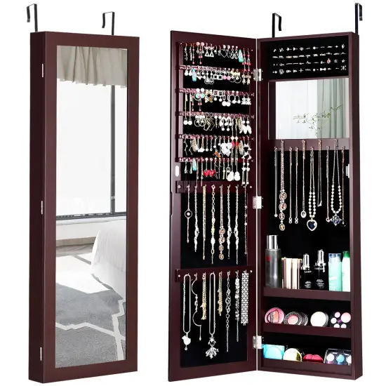 Costway Wall Door Mounted Mirrored Jewelry Cabinet Storage Organizer-Black/Brown/White {1}