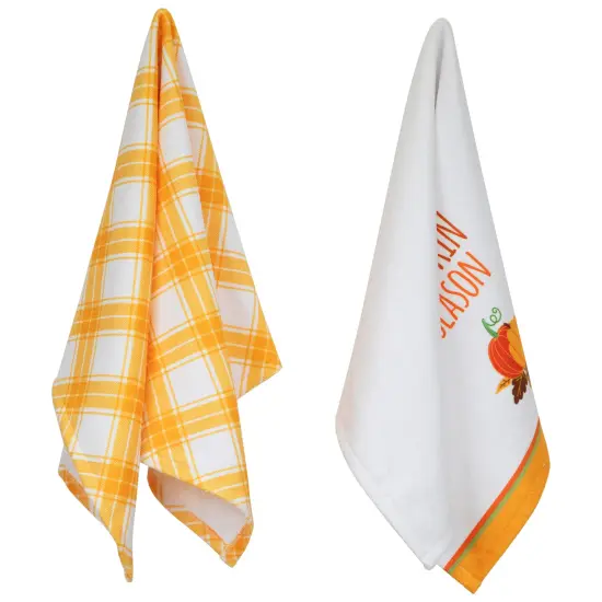 Northlight Hello Pumpkin Season and Plaid Fall Harvest Kitchen Tea Towels - 26" - Set of 2 White {3}