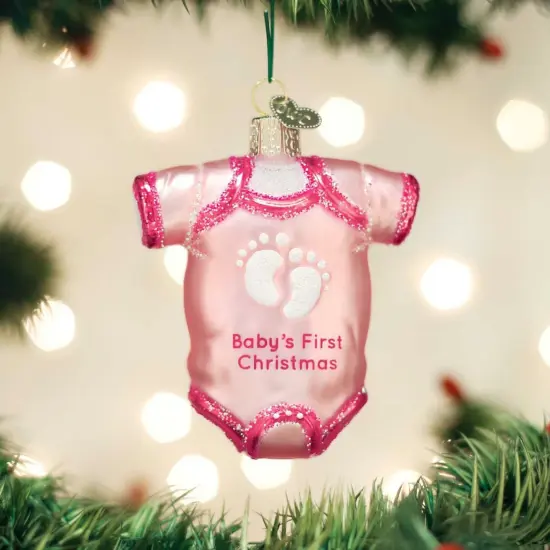 Old World Christmas 3.25 In Pink Baby Onesie Glittered Christmas Tree Ornament , First Christmas {3}