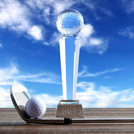 Crystal Glass Golf Trophy with Elegant Gift Box for Tournaments, Sports Competitions, Parties, Champion Award, Paperweight for Desktop and Table Decor (9 Inches) Clear {2}