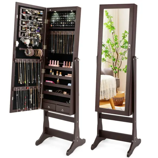 Costway Lockable Mirrored Jewelry Cabinet Armoire Organizer Storage with Stand & LED Lights White/Black/Brown {8}