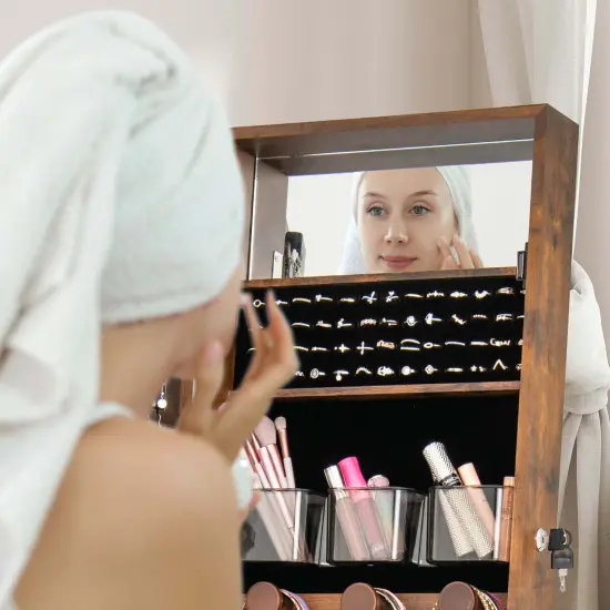 Costway LED Mirror Jewelry Cabinet with 20 LED Lights Full-Length Mirror Adjustable Angles White/Brown/Black {5}