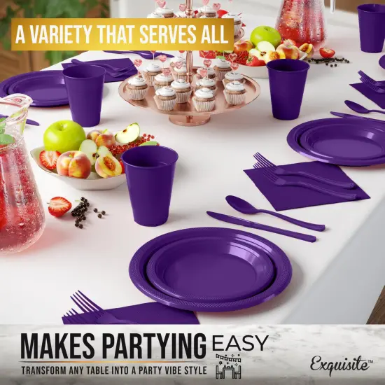 Exquisite 182 Pcs Plastic Plates for Party &ndash; Disposable Plates Set &ndash; 26 Each of 9" Dinner Plates, 7" Dessert Plates, Plastic Cups, Napkins & Plastic Cutlery &ndash; Plastic Dinnerware by Party Solids Purple {6}