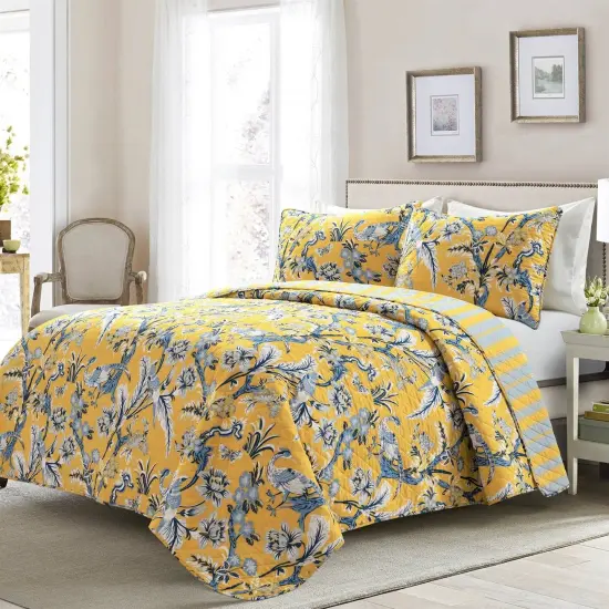 Yellow Blue Cotton Reversible 3-Piece Quilt Set for Beds with Shams {2}