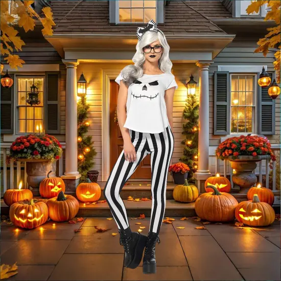 Women's Skeleton Hipster Costume Halloween Modern Skull T-Shirt Striped Leggings Dress Up Set {4}