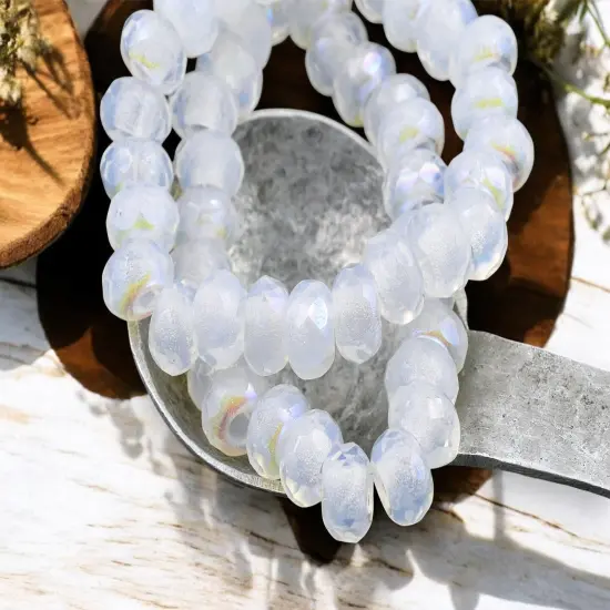 *25* 5x8mm White Opal AB Faceted Large Hole Rondelle Roller Beads {3}