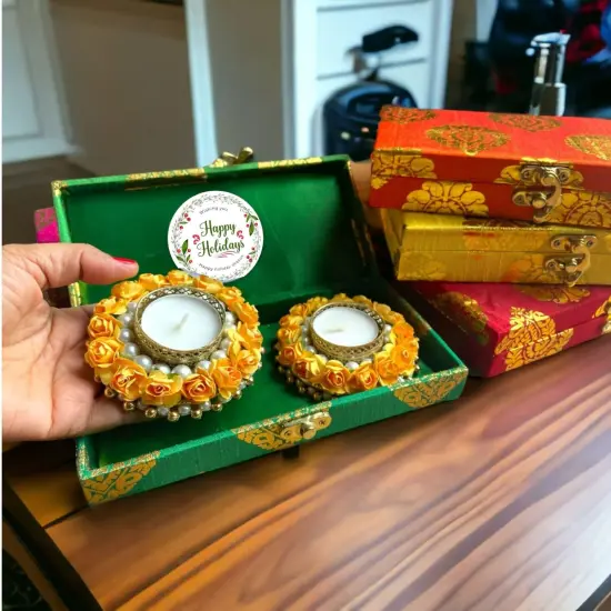 Diwali Gift Hamper Indian Festival Brocade Box with Tealight Candle Holders Christmas Gift Box Deepawali Hampers for Employees Home Office Friends Family Relatives - Return Gifts Items {2}