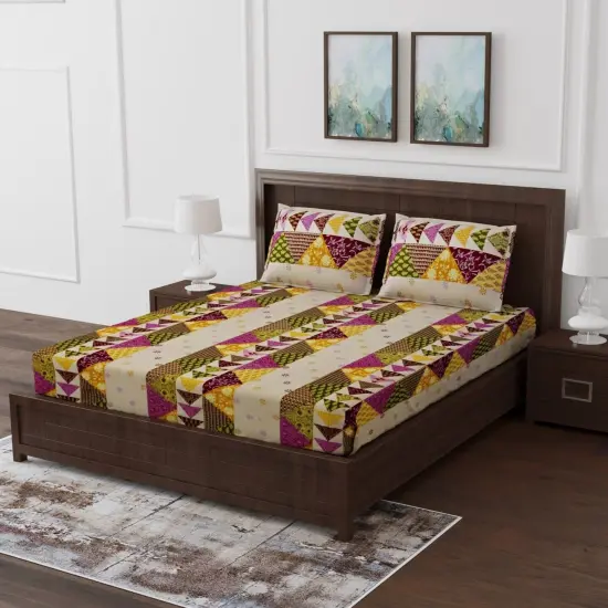 100% Cotton Sheets Indian Ethnic 3-piece Fitted Sheet Set 180 Thread Count 16 Inch Deep Pocket Premium Quality with Soft Pillowcases (king Queen Twin) {2}