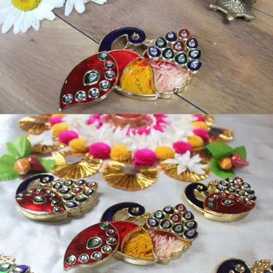 10 Piece Decorative Bulk Peacock Haldi Kumkum Holder Roli Chawal/rice Holder Indian Festival Favor Diwali Rakhi Pooja Mandir Tika Platter Housewarming Gifts {4}
